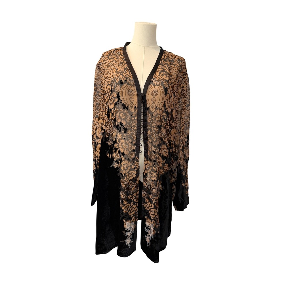 Coldwater Creek XL Silk Velvet Floral Kimono Cardigan Black Boho Festival Button